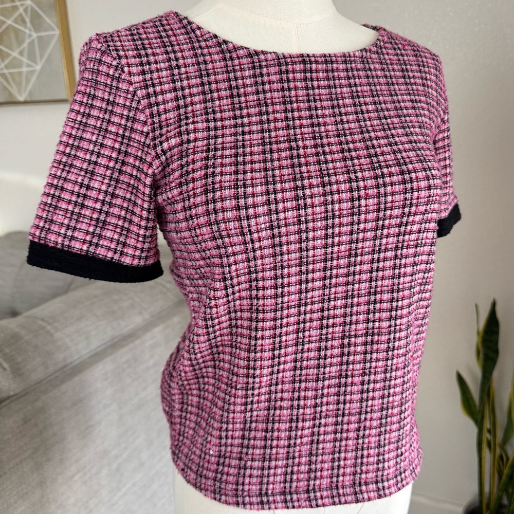 Zara Women’s Small Pink Black Tweed Short Sleeve Top S Preppy Academia Coquette